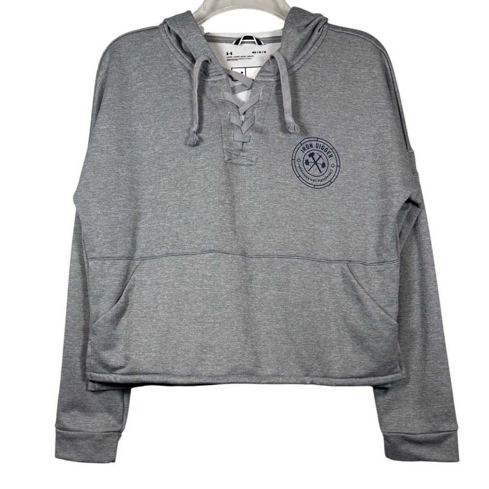 Under Armour Womens Iron Digger Lace Up Hoodie Grey Loose Fit Cropped Medium
